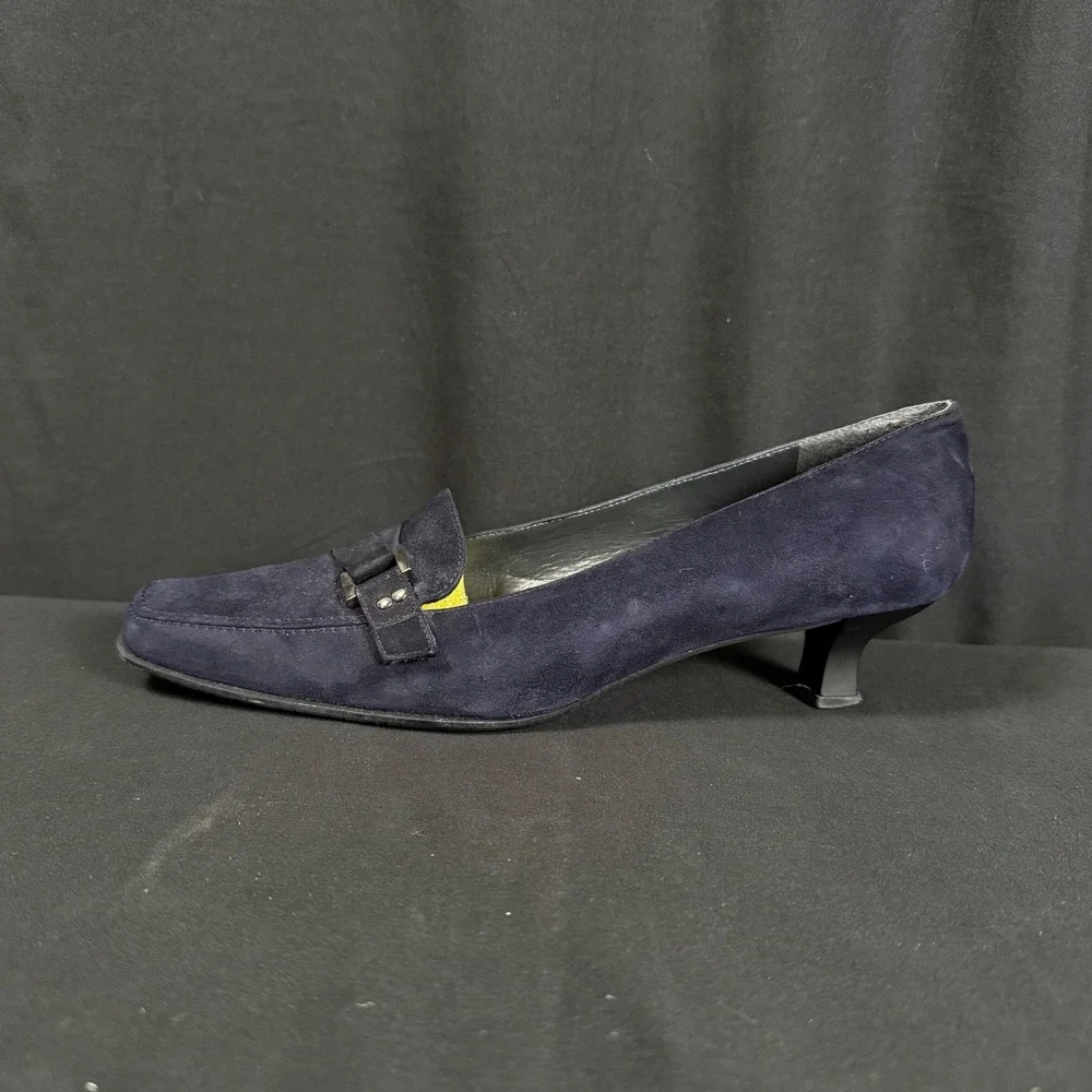 Vintage 90s Stuart Weitzman Navy Suede Square Toe Kitten Heel Loafer Pumps 8.5